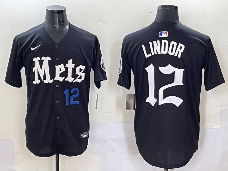Men 2025 New York Mets 12 Lindor Black Five generations Joint Name Nike MLB Jersey style 4